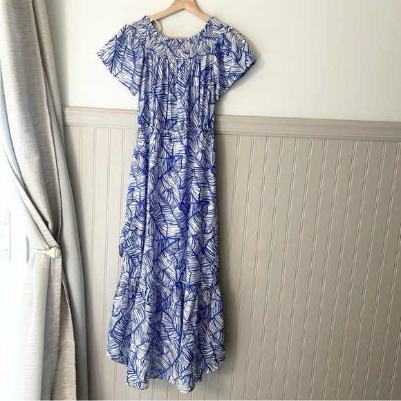 Vineyard Vines Size 2 Blue White Hi Lo Silk Maxi Dress Off The Shoulder - Picture 10 of 13